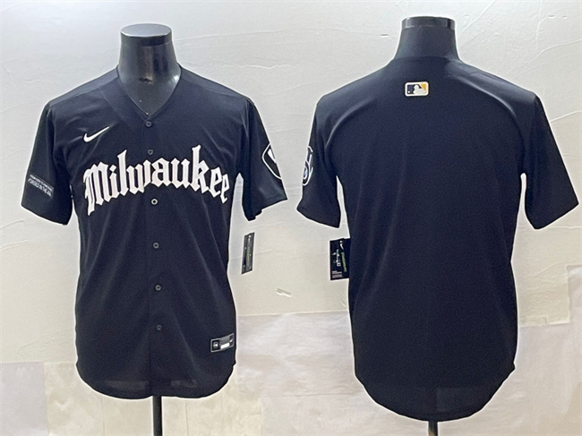 Men's Milwaukee Brewers Blank Black 'Gothic 414 Shadows Edition' Vapor Premier Limited Stitched Jersey Men's Milwaukee Brewers Blank Black 'Gothic 414 Shadows Edition' Vapor Premier Limited Stitched Jersey