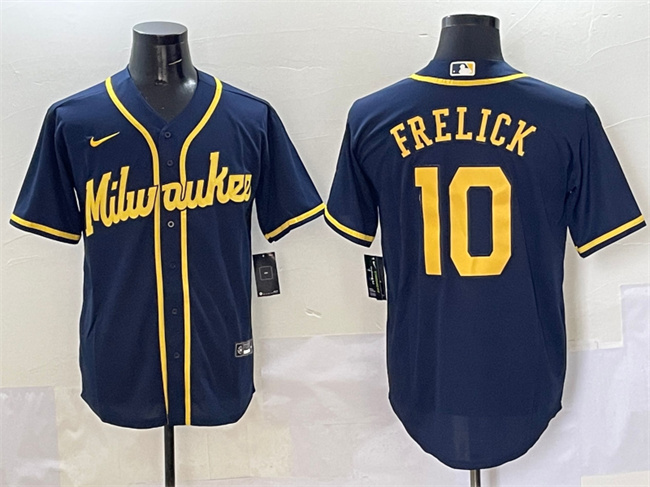 Men's Milwaukee Brewers #10 Sal Frelick Navy Cool Base Stitched Jersey Men's Milwaukee Brewers #10 Sal Frelick Navy Cool Base Stitched Jersey