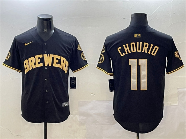 Men's Milwaukee Brewers #11 Jackson Chourio Black Gold With Home Patch Limited Stitched Baseball Jersey Men's Milwaukee Brewers #11 Jackson Chourio Black Gold With Home Patch Limited Stitched Baseball Jersey