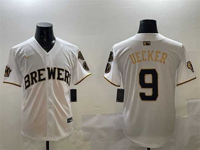 Men's Milwaukee Brewers #9 Bob Uecker White Gold With Home Patch Limited Stitched Baseball Jersey Men's Milwaukee Brewers #9 Bob Uecker White Gold With Home Patch Limited Stitched Baseball Jersey