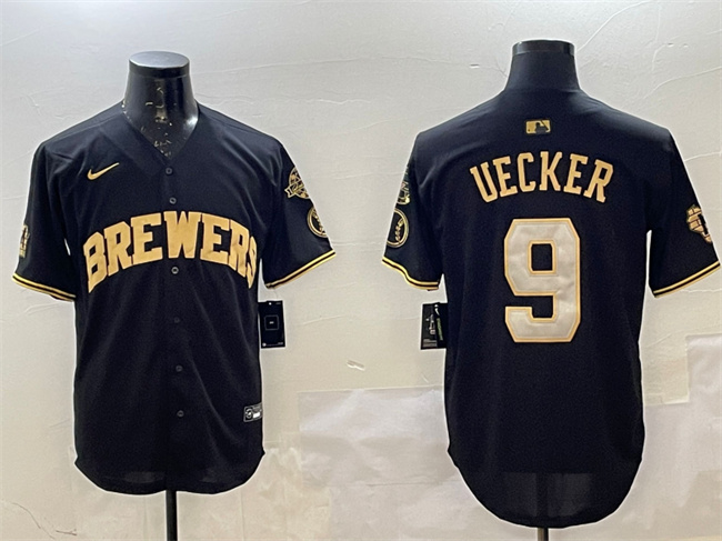 Men's Milwaukee Brewers #9 Bob Uecker Black Gold With Home Patch Limited Stitched Baseball Jersey Men's Milwaukee Brewers #9 Bob Uecker Black Gold With Home Patch Limited Stitched Baseball Jersey
