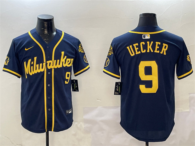 Men's Milwaukee Brewers #9 Bob Uecker Navy With Home Patch Limited Stitched Baseball Jersey Men's Milwaukee Brewers #9 Bob Uecker Navy With Home Patch Limited Stitched Baseball Jersey