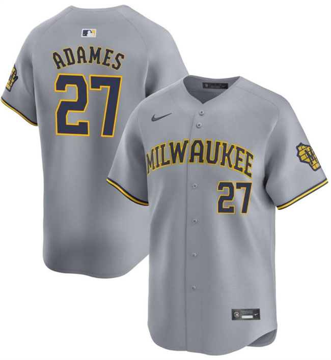 Men's Milwaukee Brewers #27 Willy Adames Grey 2024 Away Limited Stitched Baseball Jersey Men's Milwaukee Brewers #27 Willy Adames Grey 2024 Away Limited Stitched Baseball Jersey