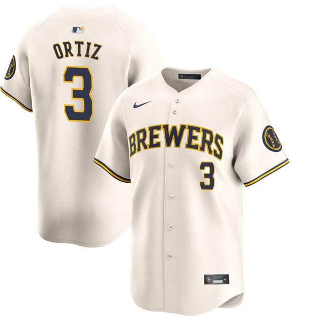 Men's Milwaukee Brewers #3 Joey Ortiz Cream Home Limited Stitched Baseball Jersey Men's Milwaukee Brewers #3 Joey Ortiz Cream Home Limited Stitched Baseball Jersey