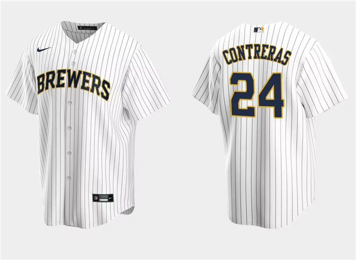 Men's Milwaukee Brewers #24 William Contreras White Cool Base Stitched Jersey Men's Milwaukee Brewers #24 William Contreras White Cool Base Stitched Jersey