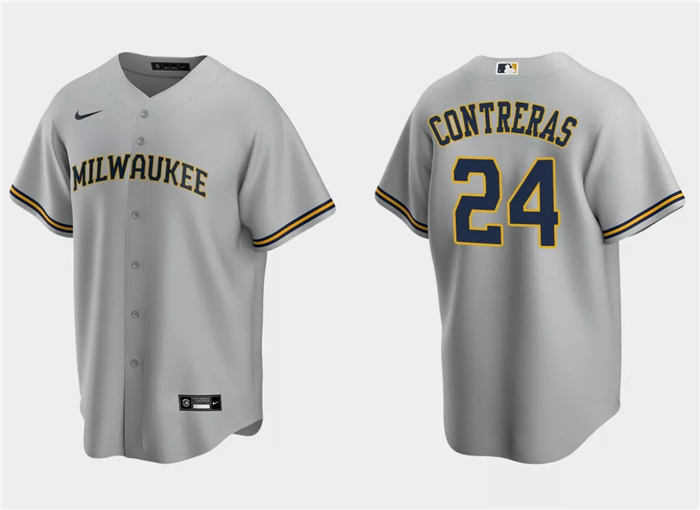 Men's Milwaukee Brewers #24 William Contreras Grey Cool Base Stitched Jersey Men's Milwaukee Brewers #24 William Contreras Grey Cool Base Stitched Jersey