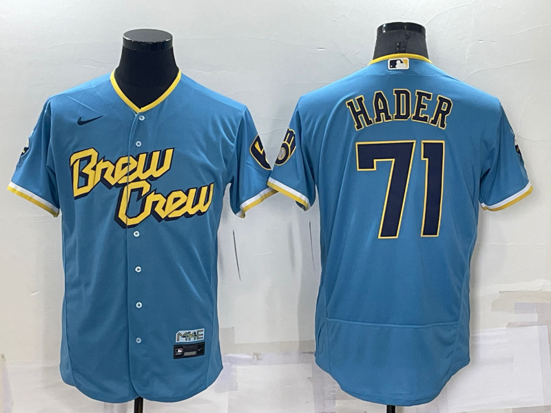 Men's Milwaukee Brewers #71 Josh Hader 2022 Powder Blue City Connect Flex Base Stitched Jersey Men's Milwaukee Brewers #71 Josh Hader 2022 Powder Blue City Connect Flex Base Stitched Jersey
