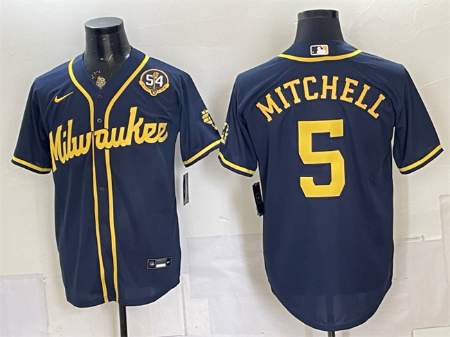 Men's Milwaukee Brewers #5 Garrett Mitchell Navy With Home & Bob Uecker Patch Limited Stitched Baseball Jersey Men's Milwaukee Brewers #5 Garrett Mitchell Navy With Home & Bob Uecker Patch Limited Stitched Baseball Jersey