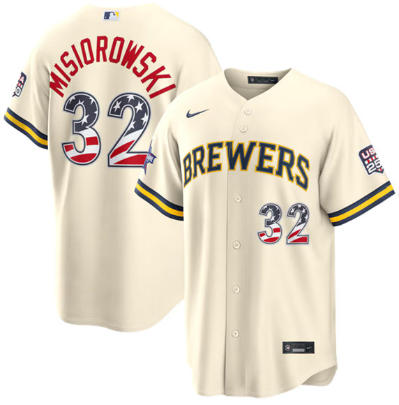 Men's Milwaukee Brewers #32 Jacob Misiorowski Cream 2026 All-Star Edition Stars & Stripes USA 250 Patch Stitched Baseball Jersey Stitched Baseball Jersey Men's Milwaukee Brewers #32 Jacob Misiorowski Cream 2026 All-Star Edition Stars & Stripes USA 250 Patch Stitched Baseball Jersey Stitched Baseball Jersey
