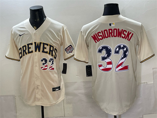 Men's Milwaukee Brewers #32 Jacob Misiorowski Cream 2026 USA 250 Fourth of July Home Stadium Stitched Baseball Jersey Men's Milwaukee Brewers #32 Jacob Misiorowski Cream 2026 USA 250 Fourth of July Home Stadium Stitched Baseball Jersey