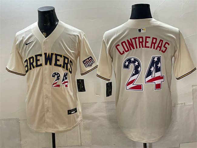 Men's Milwaukee Brewers #24 William Contreras Cream 2026 USA 250 Fourth of July Home Stadium Stitched Baseball Jersey Men's Milwaukee Brewers #24 William Contreras Cream 2026 USA 250 Fourth of July Home Stadium Stitched Baseball Jersey