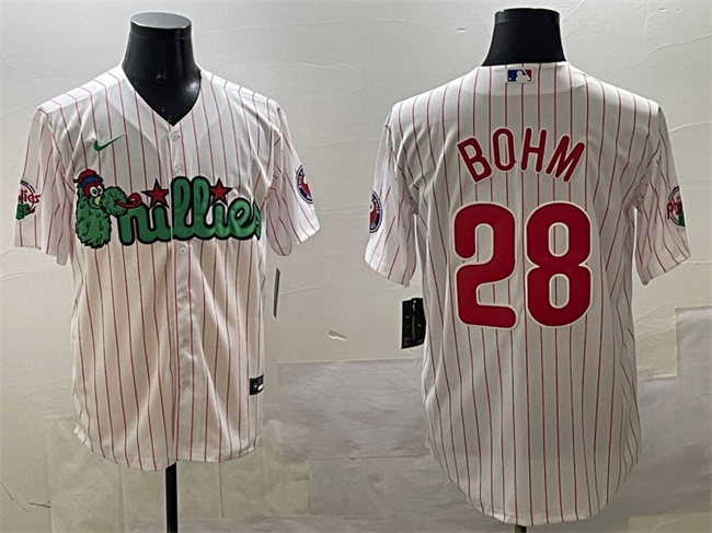 Men's Philadelphia Phillies #28 Alec Bohm White Phanatic Cool Base Stitched Jersey Men's Philadelphia Phillies #28 Alec Bohm White Phanatic Cool Base Stitched Jersey