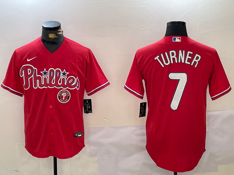 Men's Philadelphia Phillies #7 Trea Turner Red Cool Base Stitched Jersey Men's Philadelphia Phillies #7 Trea Turner Red Cool Base Stitched Jersey