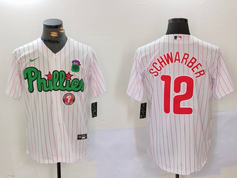 Men's Philadelphia Phillies #12 Kyle Schwarber White Green Cool Base Stitched Jersey 5 Men's Philadelphia Phillies #12 Kyle Schwarber White Green Cool Base Stitched Jersey 5