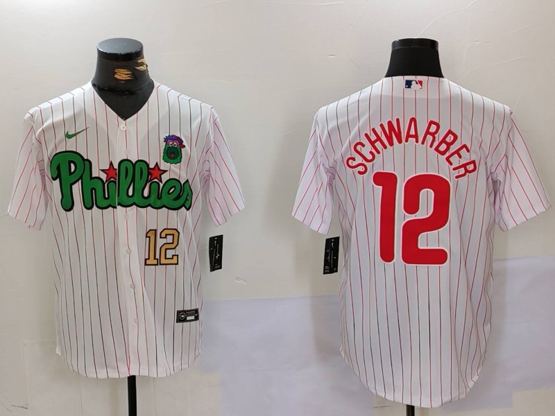 Men's Philadelphia Phillies #12 Kyle Schwarber White Green Cool Base Stitched Jersey 1 Men's Philadelphia Phillies #12 Kyle Schwarber White Green Cool Base Stitched Jersey 1