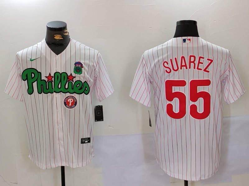 Men's Philadelphia Phillies #55 Ranger Suárez White Green Cool Base Stitched Jersey 5 Men's Philadelphia Phillies #55 Ranger Suárez White Green Cool Base Stitched Jersey 5