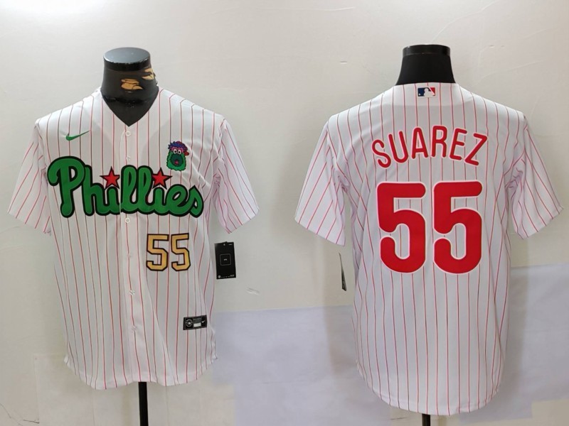 Men's Philadelphia Phillies #55 Ranger Suárez White Green Cool Base Stitched Jersey 3 Men's Philadelphia Phillies #55 Ranger Suárez White Green Cool Base Stitched Jersey 3
