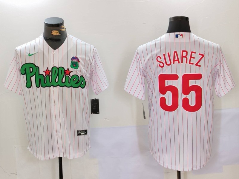 Men's Philadelphia Phillies #55 Ranger Suárez White Green Cool Base Stitched Jersey 2 Men's Philadelphia Phillies #55 Ranger Suárez White Green Cool Base Stitched Jersey 2