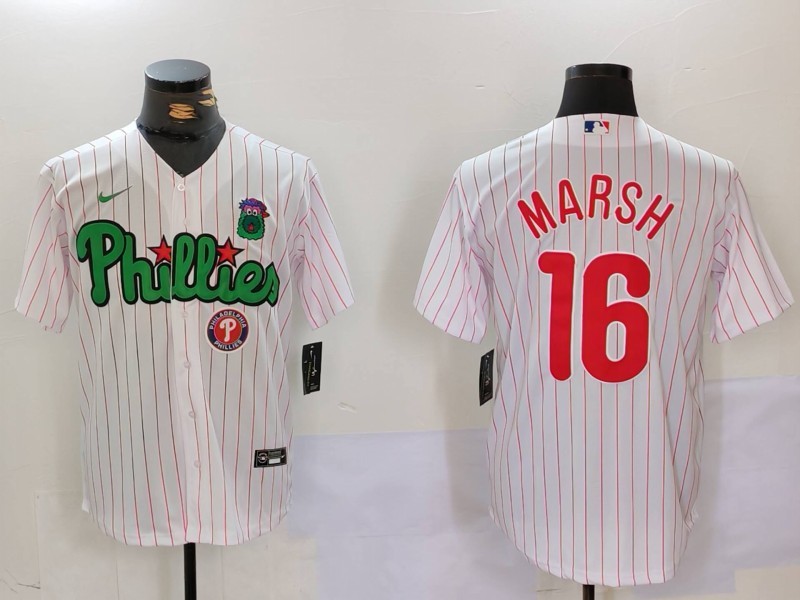 Men's Philadelphia Phillies #16 Brandon Marsh White Green Cool Base Stitched Jersey 6 Men's Philadelphia Phillies #16 Brandon Marsh White Green Cool Base Stitched Jersey 6