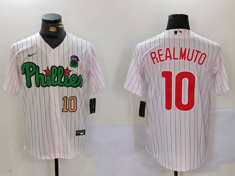 Men's Philadelphia Phillies #10 J.T. Realmuto White Green Cool Base Stitched Jersey 2 Men's Philadelphia Phillies #10 J.T. Realmuto White Green Cool Base Stitched Jersey 2