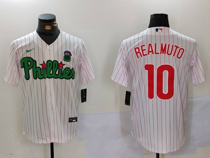 Men's Philadelphia Phillies #10 J.T. Realmuto White Green Cool Base Stitched Jersey 1 Men's Philadelphia Phillies #10 J.T. Realmuto White Green Cool Base Stitched Jersey 1