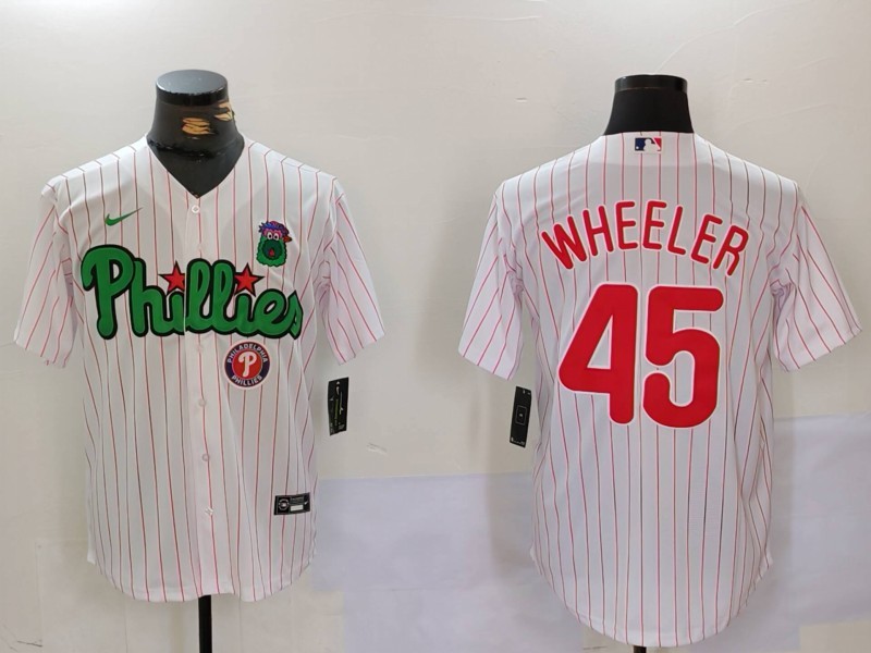 Men's Philadelphia Phillies #45 Zack Wheeler White Green Cool Base Stitched Jersey 7 Men's Philadelphia Phillies #45 Zack Wheeler White Green Cool Base Stitched Jersey 7