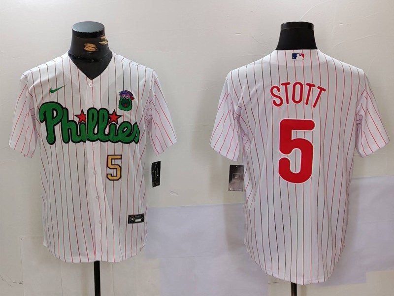 Men's Philadelphia Phillies #5 Bryson Stott White Green Cool Base Stitched Jersey 3 Men's Philadelphia Phillies #5 Bryson Stott White Green Cool Base Stitched Jersey 3