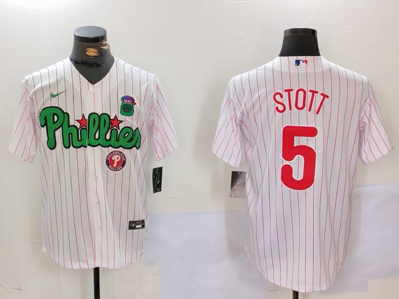 Men's Philadelphia Phillies #5 Bryson Stott White Green Cool Base Stitched Jersey 1 Men's Philadelphia Phillies #5 Bryson Stott White Green Cool Base Stitched Jersey 1