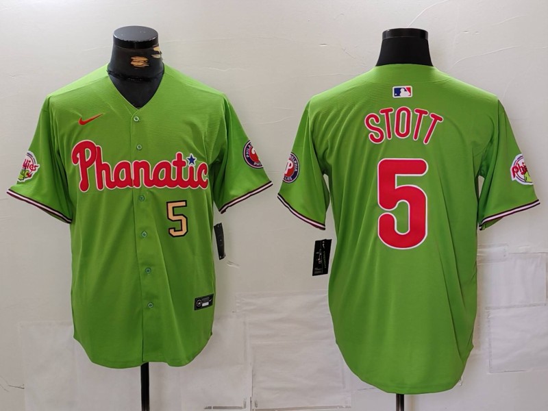 Men's Philadelphia Phillies #5 Bryson Stott Green With Patch Stitched Jersey 3 Men's Philadelphia Phillies #5 Bryson Stott Green With Patch Stitched Jersey 3
