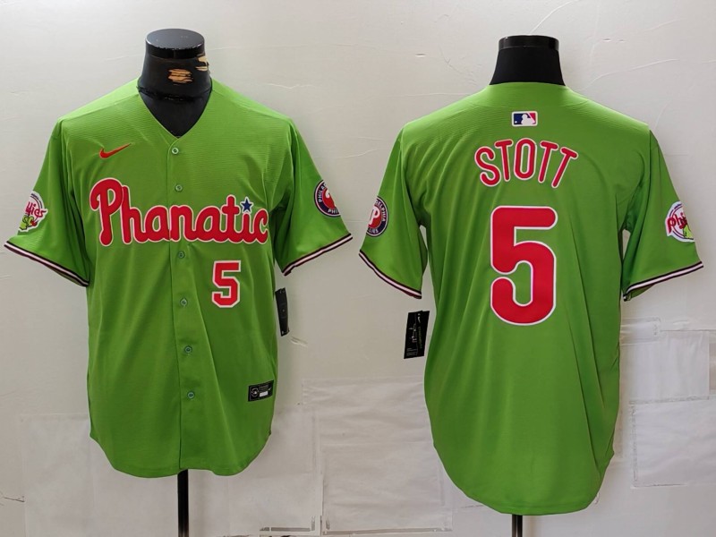 Men's Philadelphia Phillies #5 Bryson Stott Green With Patch Stitched Jersey 2 Men's Philadelphia Phillies #5 Bryson Stott Green With Patch Stitched Jersey 2