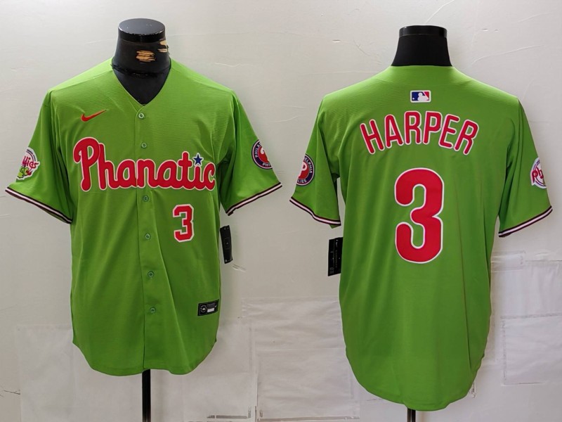 Men's Philadelphia Phillies #3 Bryce Harper Green With Patch Stitched Jersey 2 Men's Philadelphia Phillies #3 Bryce Harper Green With Patch Stitched Jersey 2