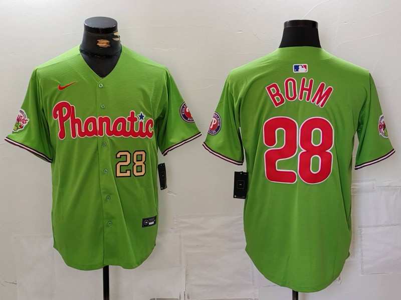 Men's Philadelphia Phillies #28 Alec Bohm Green With Patch Stitched Jersey 2 Men's Philadelphia Phillies #28 Alec Bohm Green With Patch Stitched Jersey 2