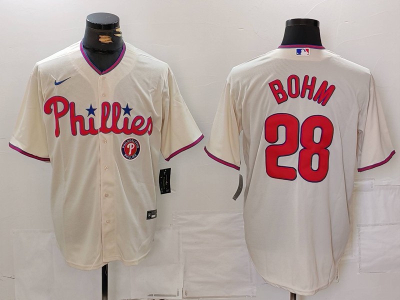 Men's Philadelphia Phillies #28 Alec Bohm Cream Cool Base Stitched Jersey 2 Men's Philadelphia Phillies #28 Alec Bohm Cream Cool Base Stitched Jersey 2