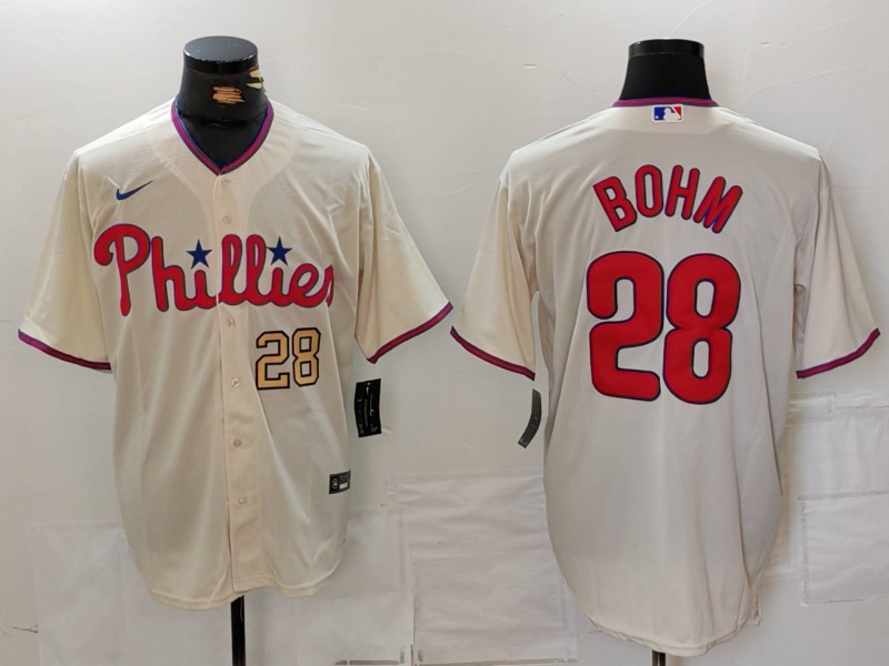 Men's Philadelphia Phillies #28 Alec Bohm Cream Cool Base Stitched Jersey 1 Men's Philadelphia Phillies #28 Alec Bohm Cream Cool Base Stitched Jersey 1