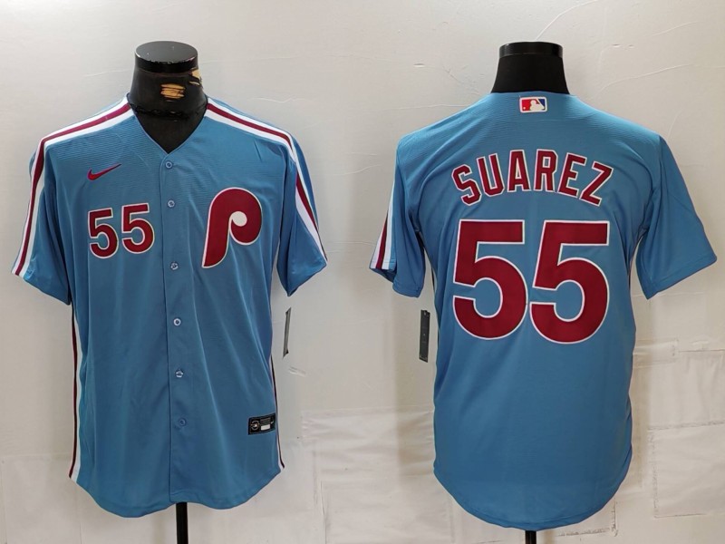 Men's Philadelphia Phillies #55 Ranger Suárez Blue Cool Base Stitched Jersey Men's Philadelphia Phillies #55 Ranger Suárez Blue Cool Base Stitched Jersey