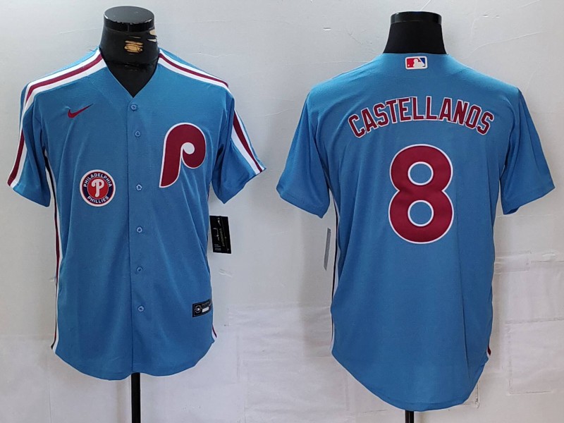 Men's Philadelphia Phillies #8 Nick Castellanos Blue Cool Base Stitched Jersey 1 Men's Philadelphia Phillies #8 Nick Castellanos Blue Cool Base Stitched Jersey 1