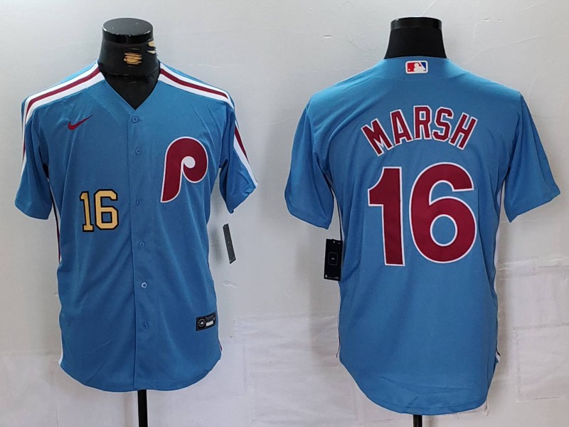 Men's Philadelphia Phillies #16 Brandon Marsh Blue Cool Base Stitched Jersey 2 Men's Philadelphia Phillies #16 Brandon Marsh Blue Cool Base Stitched Jersey 2