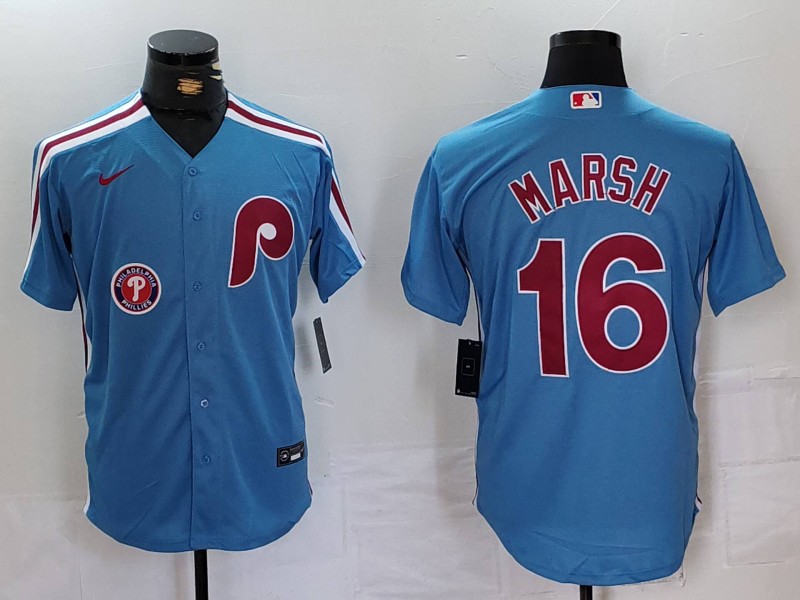 Men's Philadelphia Phillies #16 Brandon Marsh Blue Cool Base Stitched Jersey 1 Men's Philadelphia Phillies #16 Brandon Marsh Blue Cool Base Stitched Jersey 1