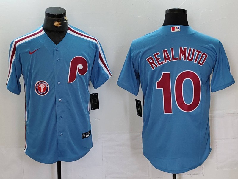Men's Philadelphia Phillies #10 J.T. Realmuto Blue Cool Base Stitched Jersey 2 Men's Philadelphia Phillies #10 J.T. Realmuto Blue Cool Base Stitched Jersey 2