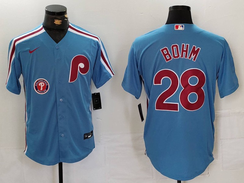 Men's Philadelphia Phillies #28 Alec Bohm Blue Cool Base Stitched Jersey 1 Men's Philadelphia Phillies #28 Alec Bohm Blue Cool Base Stitched Jersey 1