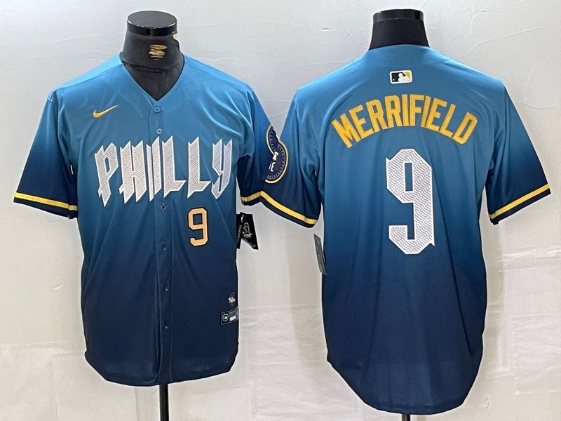 Men's Philadelphia Phillies #9 Whit Merrifield Blue 2024 City Connect Limited Stitched Jersey 5 Men's Philadelphia Phillies #9 Whit Merrifield Blue 2024 City Connect Limited Stitched Jersey 5