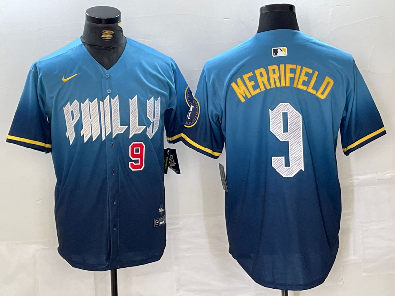 Men's Philadelphia Phillies #9 Whit Merrifield Blue 2024 City Connect Limited Stitched Jersey 1 Men's Philadelphia Phillies #9 Whit Merrifield Blue 2024 City Connect Limited Stitched Jersey 1