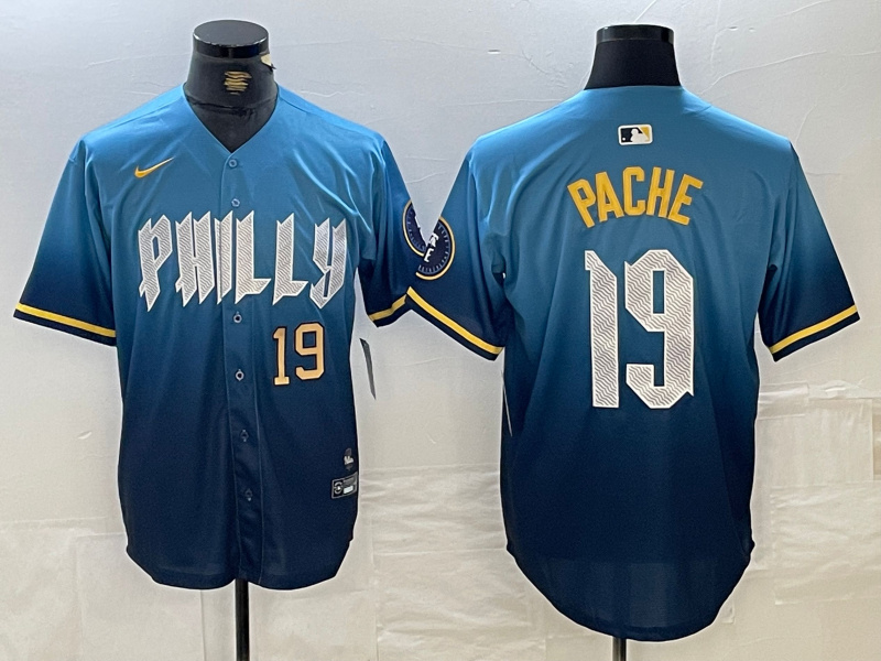 Men's Philadelphia Phillies #19 Cristian Pache Blue 2024 City Connect Limited Stitched Jersey Men's Philadelphia Phillies #19 Cristian Pache Blue 2024 City Connect Limited Stitched Jersey