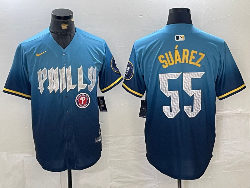 Men's Philadelphia Phillies #55 Ranger Suárez Blue 2024 City Connect Limited Stitched Jersey 2 Men's Philadelphia Phillies #55 Ranger Suárez Blue 2024 City Connect Limited Stitched Jersey 2