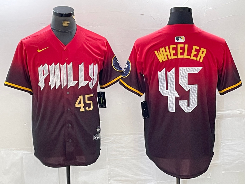 Men's Philadelphia Phillies #45 Zack Wheeler Red 2024 City Connect Limited Stitched Jersey 3 Men's Philadelphia Phillies #45 Zack Wheeler Red 2024 City Connect Limited Stitched Jersey 3
