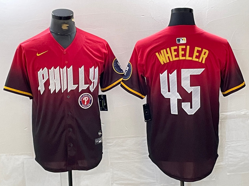 Men's Philadelphia Phillies #45 Zack Wheeler Red 2024 City Connect Limited Stitched Jersey 2 Men's Philadelphia Phillies #45 Zack Wheeler Red 2024 City Connect Limited Stitched Jersey 2