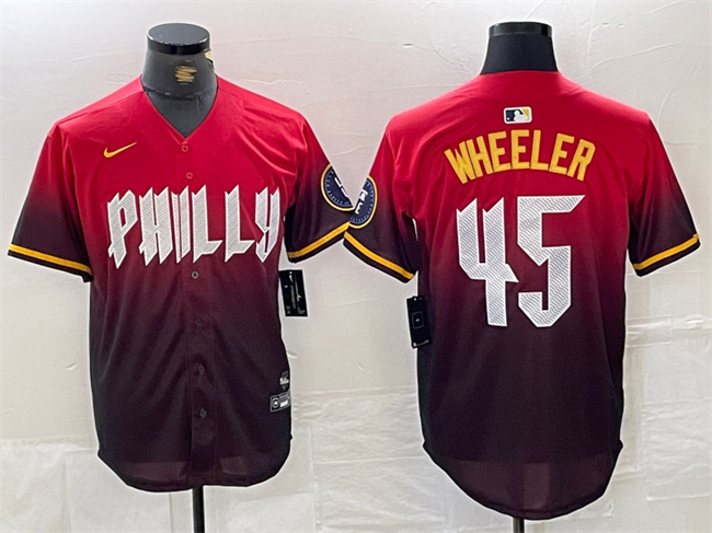 Men's Philadelphia Phillies #45 Zack Wheeler Red 2024 City Connect Limited Stitched Jersey Men's Philadelphia Phillies #45 Zack Wheeler Red 2024 City Connect Limited Stitched Jersey