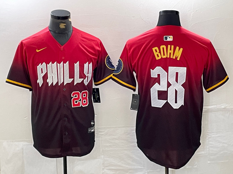 Men's Philadelphia Phillies #28 Alec Bohm Red 2024 City Connect Limited Stitched Jersey 3 Men's Philadelphia Phillies #28 Alec Bohm Red 2024 City Connect Limited Stitched Jersey 3
