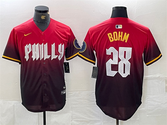 Men's Philadelphia Phillies #28 Alec Bohm Red 2024 City Connect Limited Stitched Jersey Men's Philadelphia Phillies #28 Alec Bohm Red 2024 City Connect Limited Stitched Jersey