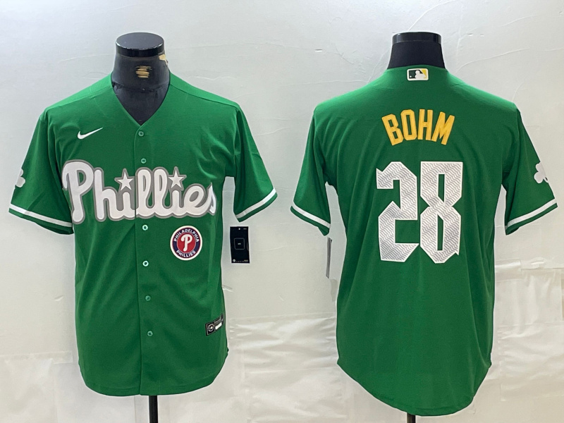 Men's Philadelphia Phillies #28 Alec Bohm Green 2024 City Connect Stitched JerseyS Men's Philadelphia Phillies #28 Alec Bohm Green 2024 City Connect Stitched JerseyS